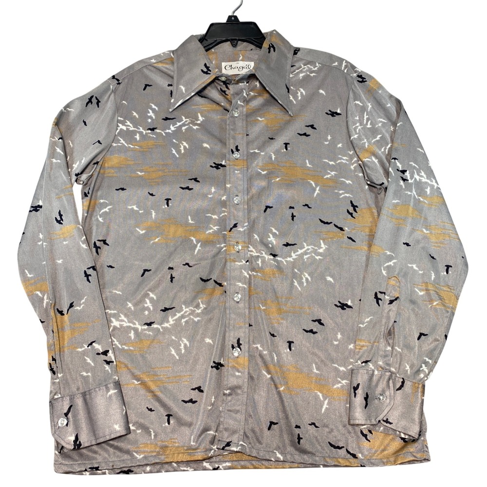 Vintage Chagal Disco Shirt Mens XL Grey Bird Print Antron Nylon Dagger Collar